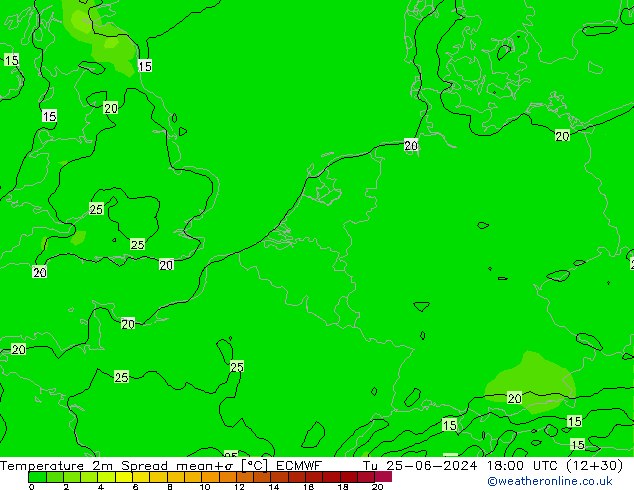 Temperature 2m Spread ECMWF Tu 25.06.2024 18 UTC