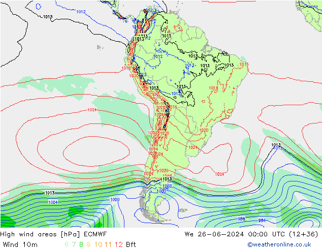 High wind areas ECMWF We 26.06.2024 00 UTC