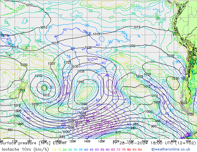 Isotaca (kph) ECMWF vie 28.06.2024 18 UTC