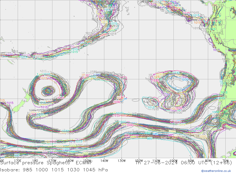 pressão do solo Spaghetti ECMWF Qui 27.06.2024 06 UTC