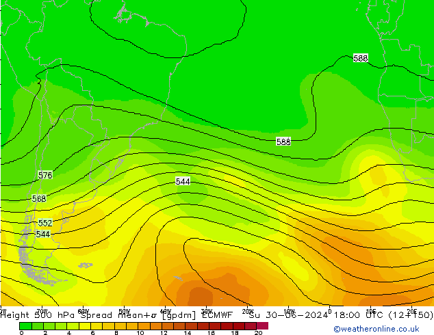 Height 500 гПа Spread ECMWF Вс 30.06.2024 18 UTC