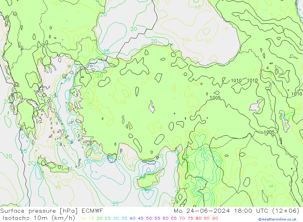 Isotaca (kph) ECMWF lun 24.06.2024 18 UTC