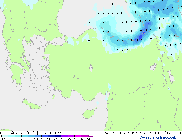 Precipitación (6h) ECMWF mié 26.06.2024 06 UTC