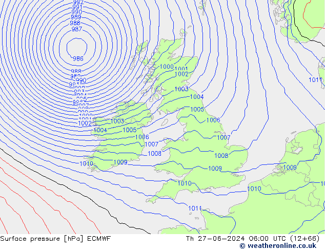 Presión superficial ECMWF jue 27.06.2024 06 UTC