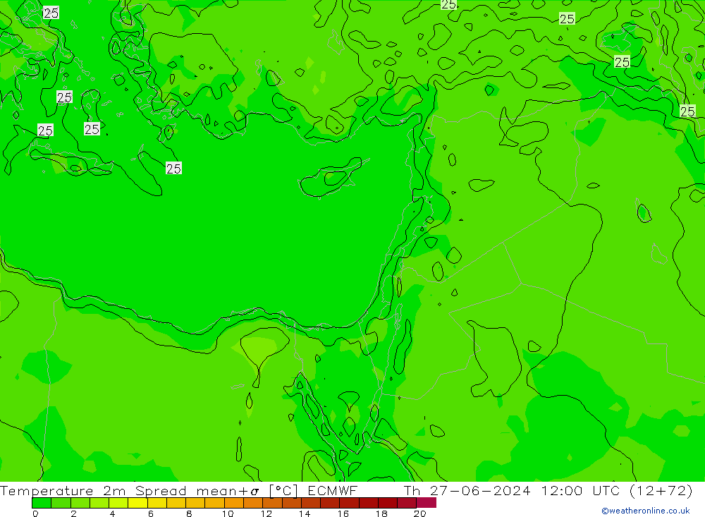 mapa temperatury 2m Spread ECMWF czw. 27.06.2024 12 UTC