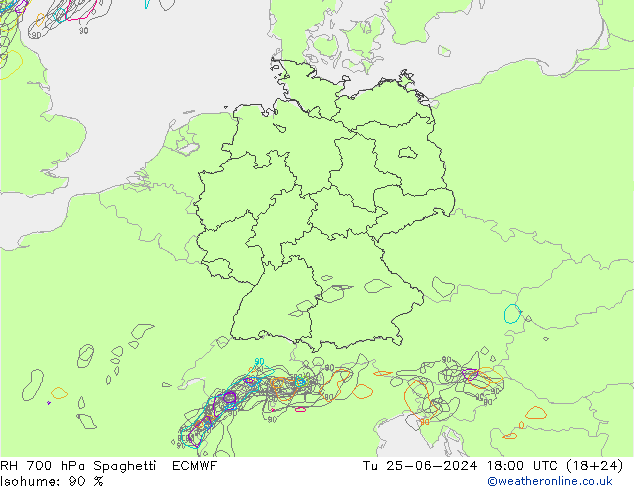 RH 700 hPa Spaghetti ECMWF Ter 25.06.2024 18 UTC
