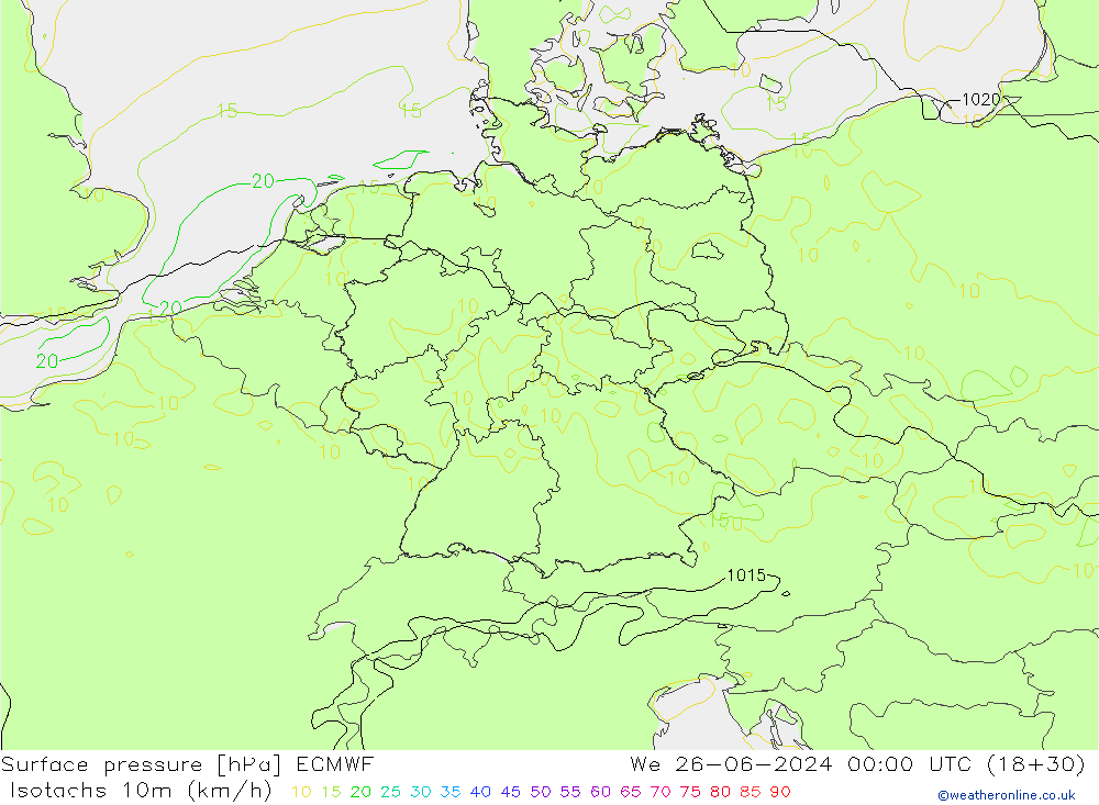 Isotachen (km/h) ECMWF Mi 26.06.2024 00 UTC