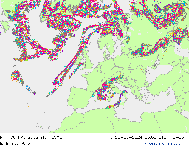 RH 700 hPa Spaghetti ECMWF 星期二 25.06.2024 00 UTC