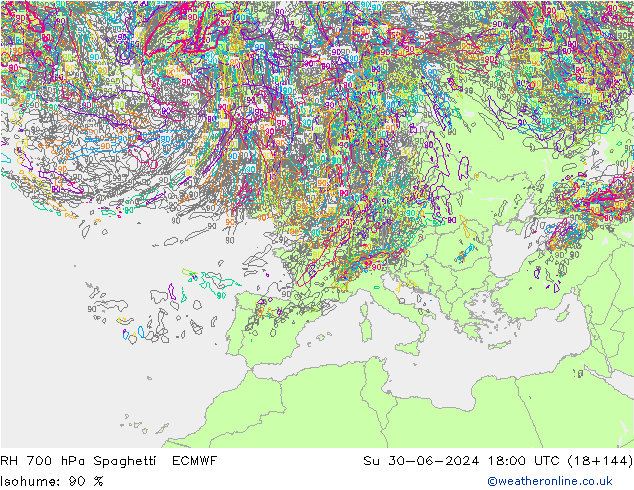 RH 700 hPa Spaghetti ECMWF 星期日 30.06.2024 18 UTC