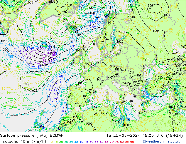 10米等风速线 (kph) ECMWF 星期二 25.06.2024 18 UTC