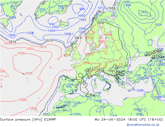 ciśnienie ECMWF pon. 24.06.2024 18 UTC