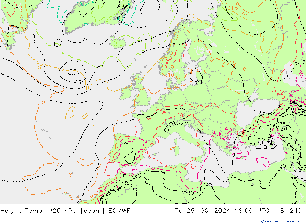 Geop./Temp. 925 hPa ECMWF mar 25.06.2024 18 UTC