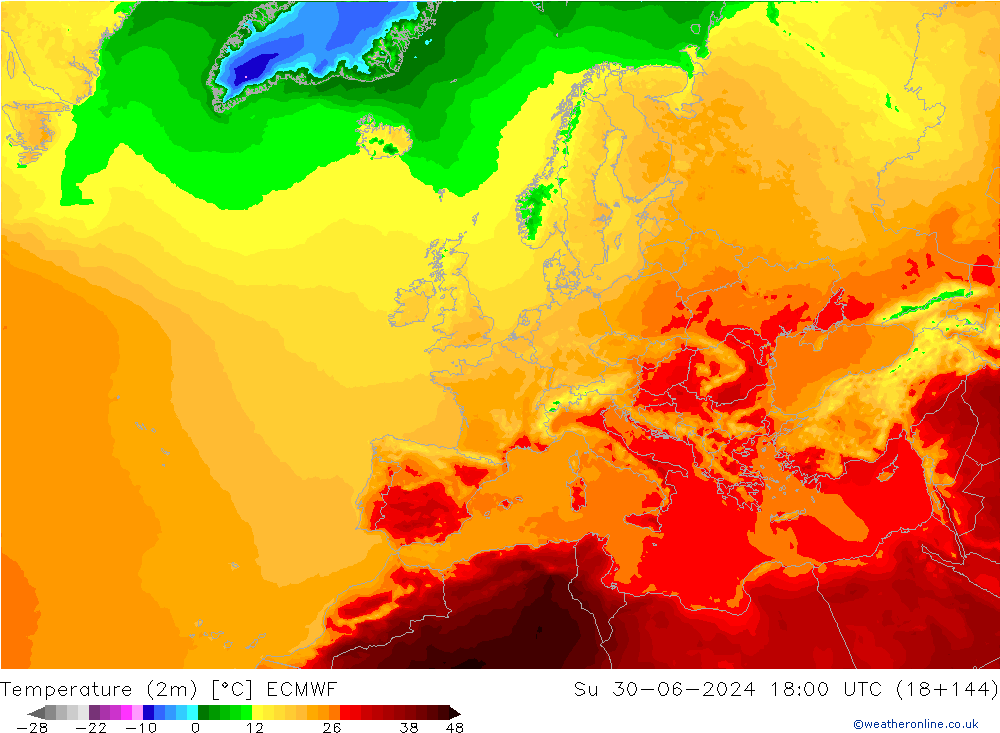 Temperatuurkaart (2m) ECMWF zo 30.06.2024 18 UTC