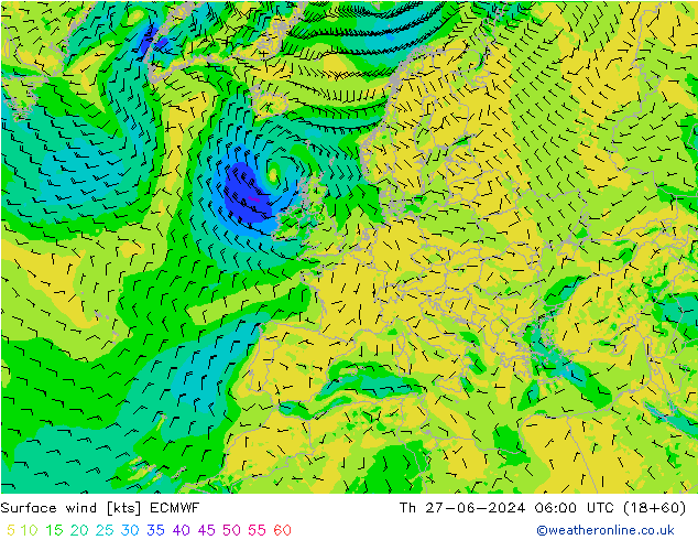 Surface wind ECMWF Čt 27.06.2024 06 UTC