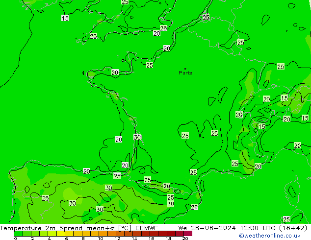 Temperatura 2m Spread ECMWF mer 26.06.2024 12 UTC