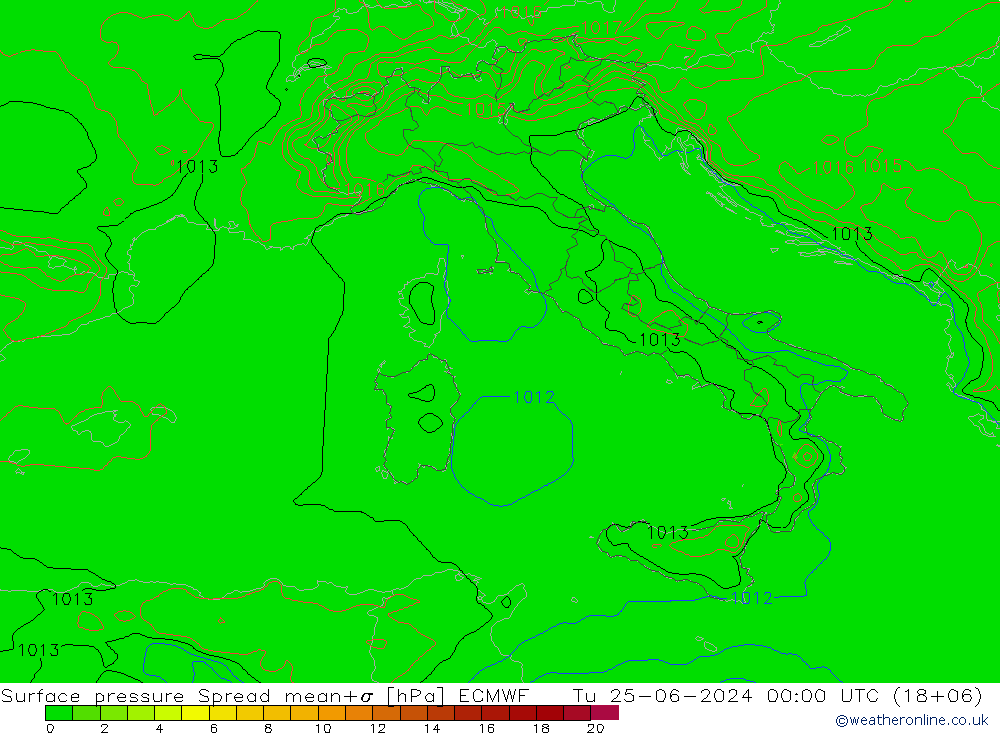 Atmosférický tlak Spread ECMWF Út 25.06.2024 00 UTC