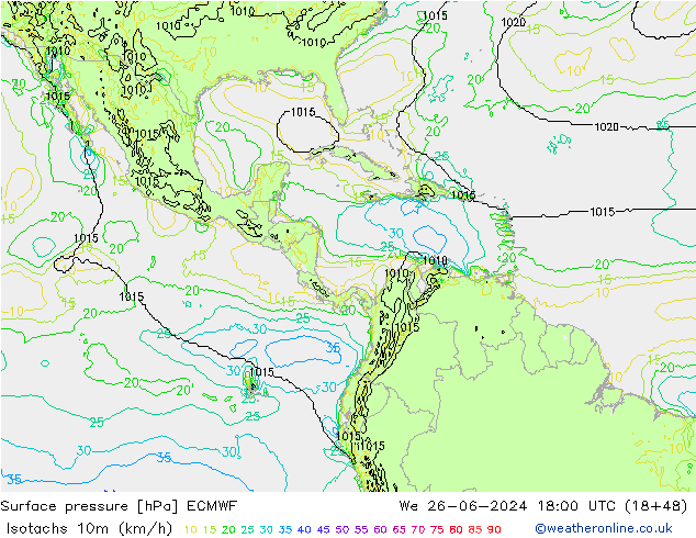 Isotachen (km/h) ECMWF Mi 26.06.2024 18 UTC