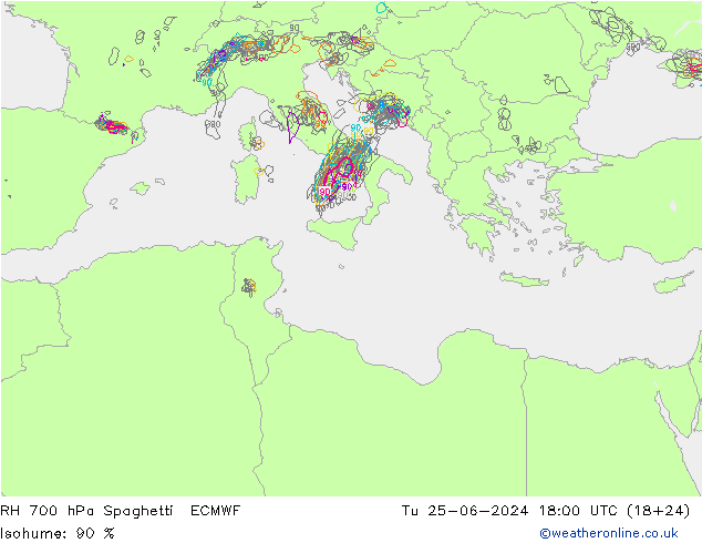RH 700 hPa Spaghetti ECMWF wto. 25.06.2024 18 UTC