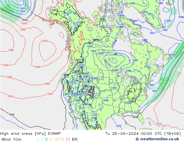 High wind areas ECMWF 星期二 25.06.2024 00 UTC
