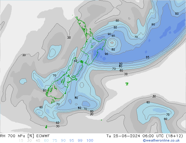 RH 700 hPa ECMWF wto. 25.06.2024 06 UTC