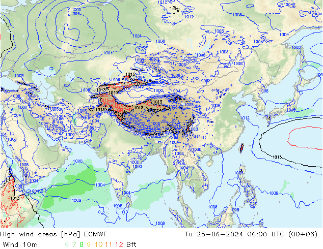 High wind areas ECMWF Út 25.06.2024 06 UTC