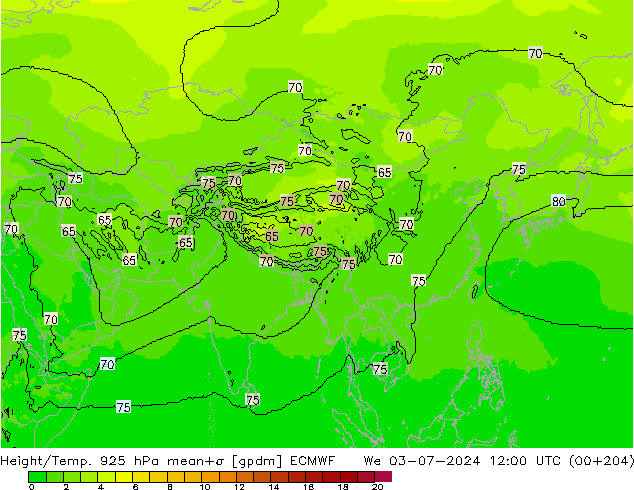 Height/Temp. 925 hPa ECMWF  03.07.2024 12 UTC