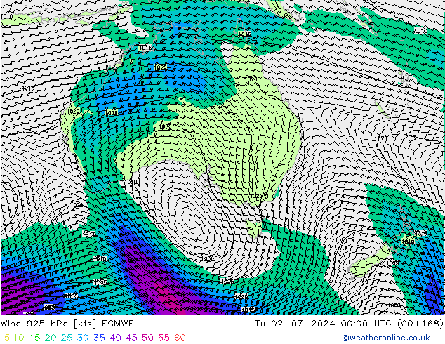 Wind 925 hPa ECMWF Út 02.07.2024 00 UTC