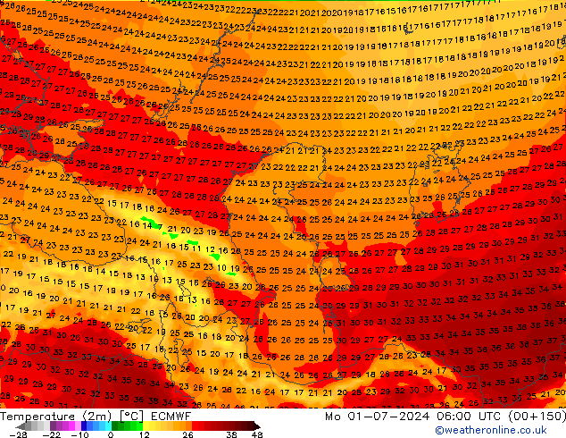 mapa temperatury (2m) ECMWF pon. 01.07.2024 06 UTC