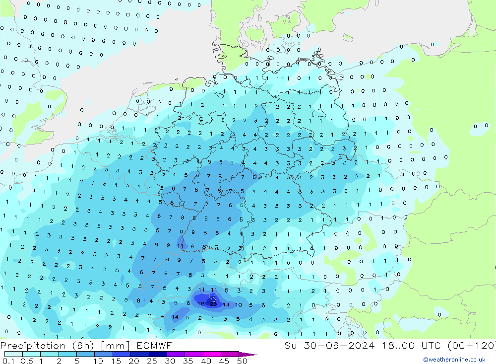 Precipitation (6h) ECMWF Su 30.06.2024 00 UTC