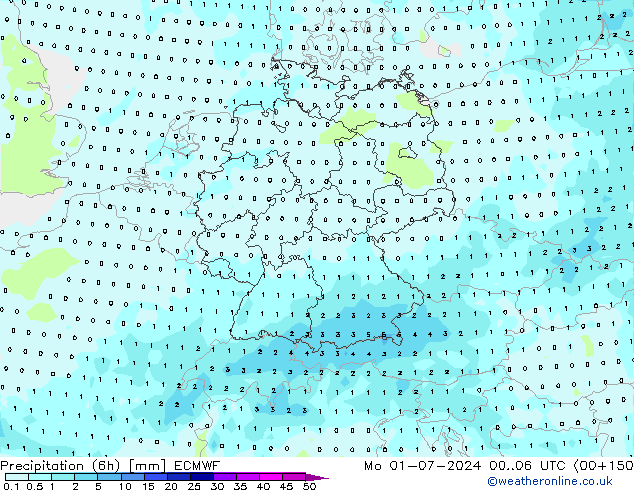 Precipitation (6h) ECMWF Mo 01.07.2024 06 UTC