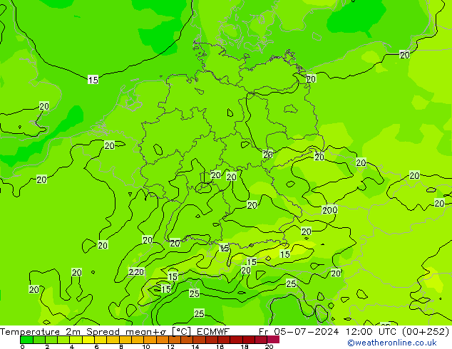 température 2m Spread ECMWF ven 05.07.2024 12 UTC