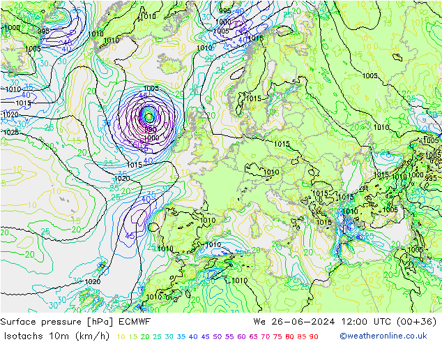 Isotachs (kph) ECMWF Qua 26.06.2024 12 UTC