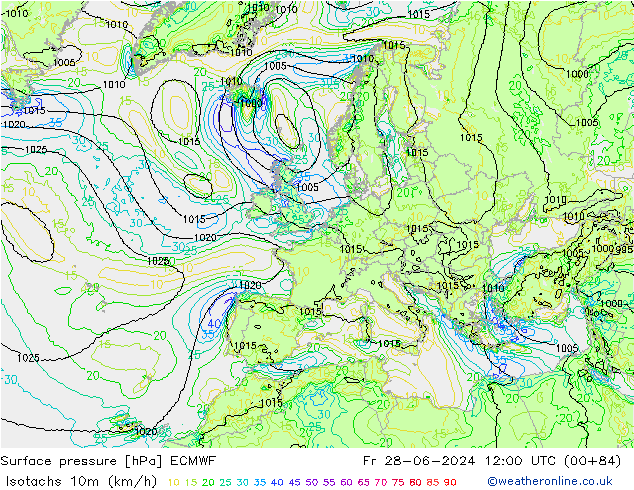 Isotachen (km/h) ECMWF Fr 28.06.2024 12 UTC