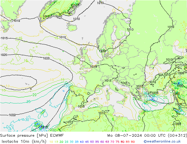 Isotachen (km/h) ECMWF Mo 08.07.2024 00 UTC