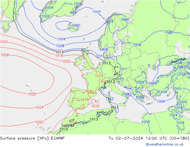 Surface pressure ECMWF Tu 02.07.2024 12 UTC