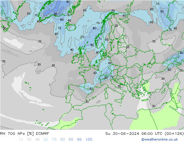 RH 700 hPa ECMWF Dom 30.06.2024 06 UTC