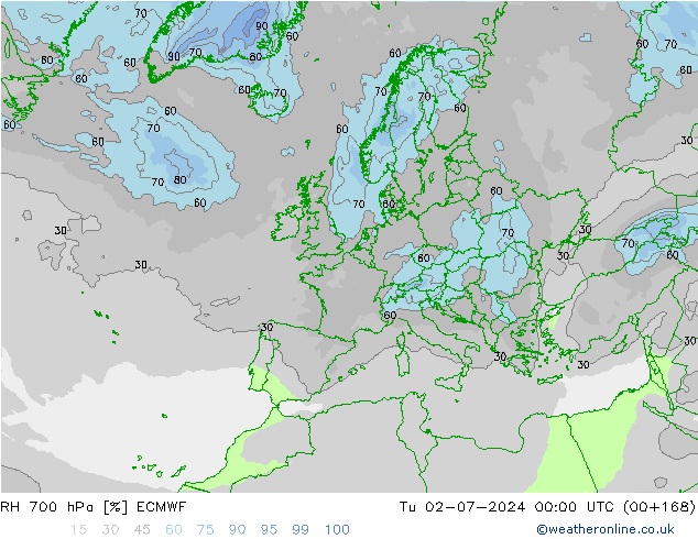 RH 700 hPa ECMWF wto. 02.07.2024 00 UTC