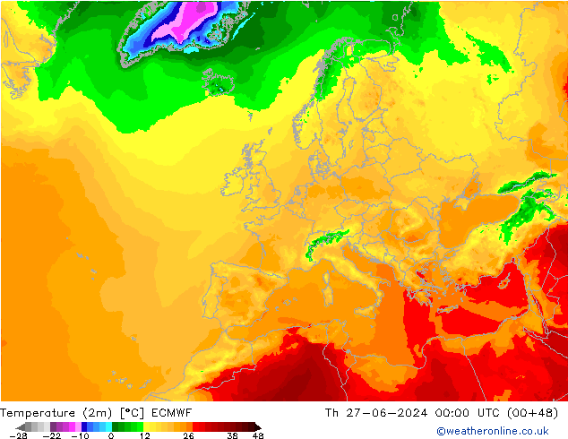 Temperatura (2m) ECMWF jue 27.06.2024 00 UTC