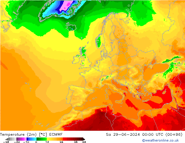 Temperaturkarte (2m) ECMWF Sa 29.06.2024 00 UTC