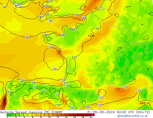 Isotachs Spread ECMWF ven 28.06.2024 00 UTC