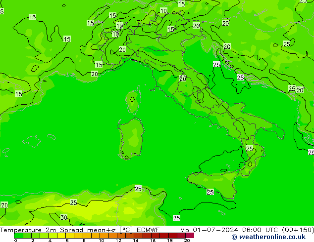 Temperature 2m Spread ECMWF Mo 01.07.2024 06 UTC