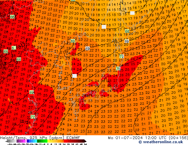 Height/Temp. 925 hPa ECMWF  01.07.2024 12 UTC