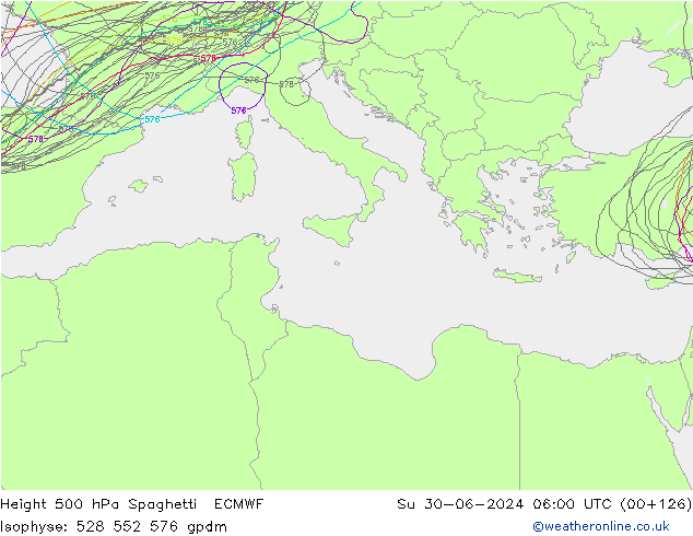 Height 500 hPa Spaghetti ECMWF Su 30.06.2024 06 UTC