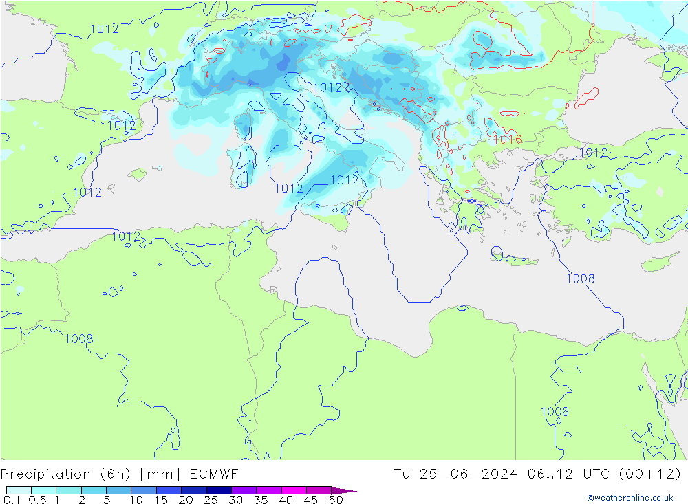 Precipitazione (6h) ECMWF mar 25.06.2024 12 UTC