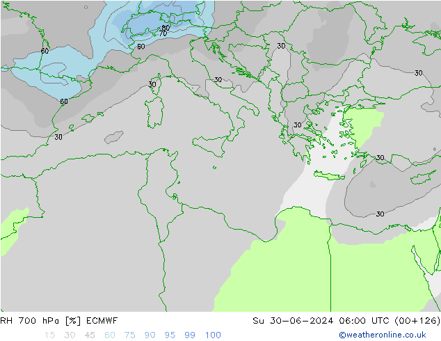 RH 700 гПа ECMWF Вс 30.06.2024 06 UTC