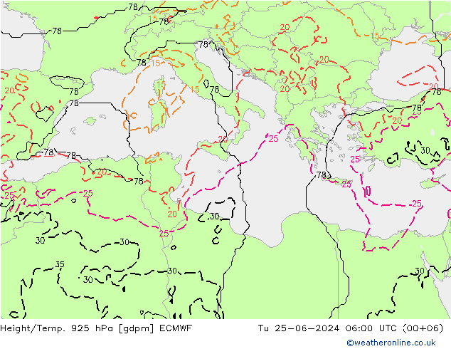 Height/Temp. 925 hPa ECMWF Tu 25.06.2024 06 UTC