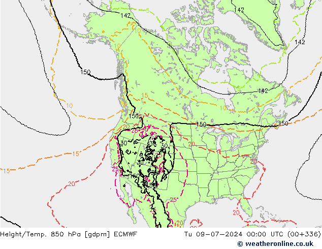 Height/Temp. 850 hPa ECMWF Út 09.07.2024 00 UTC