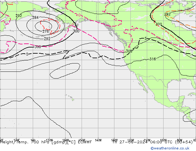 Geop./Temp. 700 hPa ECMWF jue 27.06.2024 06 UTC