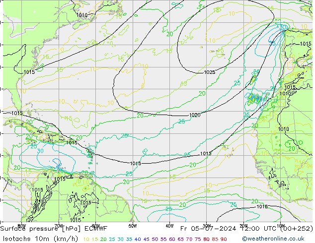 Isotaca (kph) ECMWF vie 05.07.2024 12 UTC