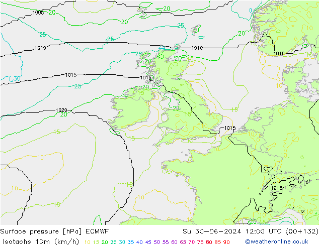 Isotaca (kph) ECMWF dom 30.06.2024 12 UTC